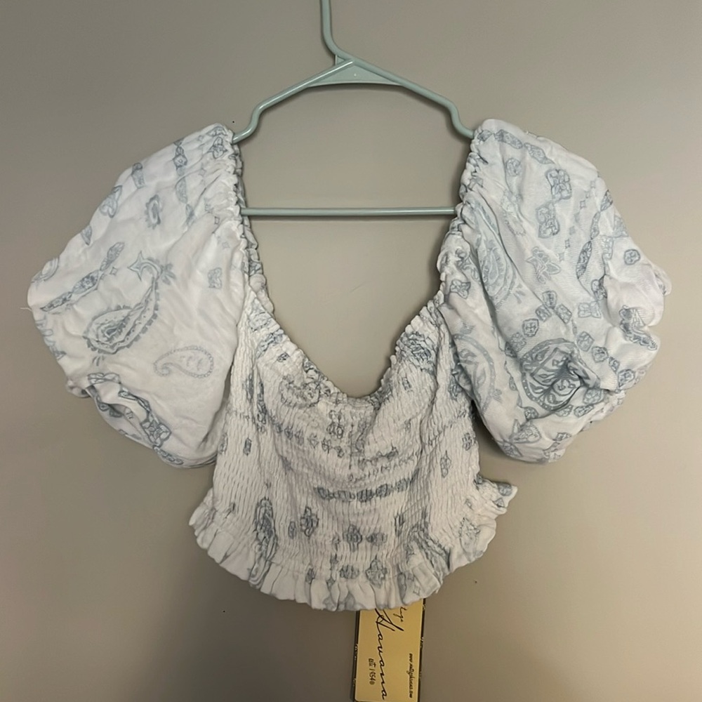 blue and white cropped top with puffy sleeves, super soft material